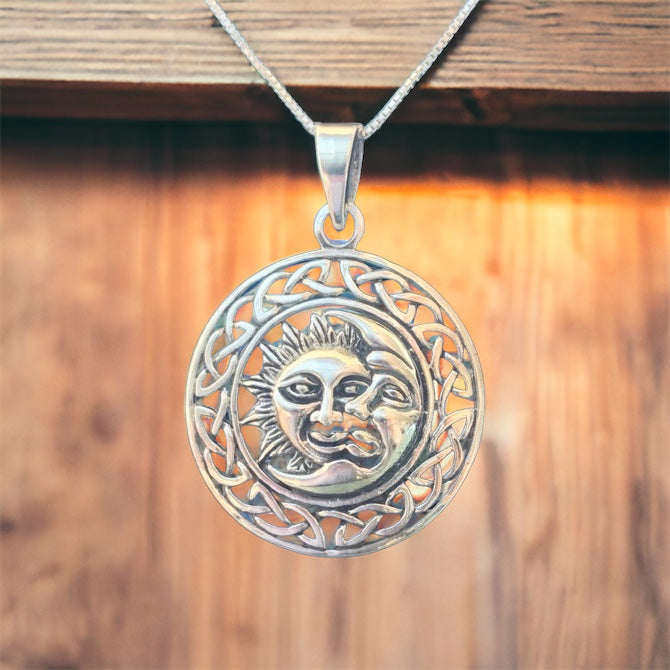 Handcast 925 Sterling Silver Sun Moon Pendant with Celtic Knot Designs + Free Chain Necklace