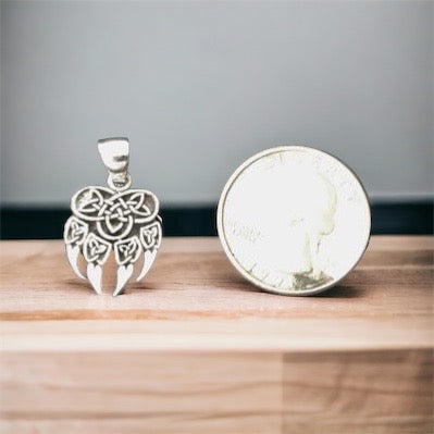 Handcast 925 Sterling Silver Celtic Viking Wolf Claw Paw Pendant with Celtic Knot Designs + Free Chain Necklace