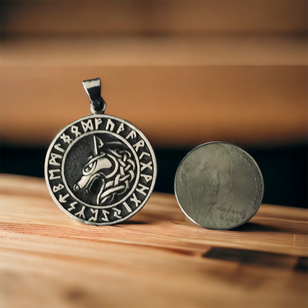 Handcast 925 Sterling Silver Celtic Wolf Pendant accented with Runic Alphabet+ Free Chain Necklace