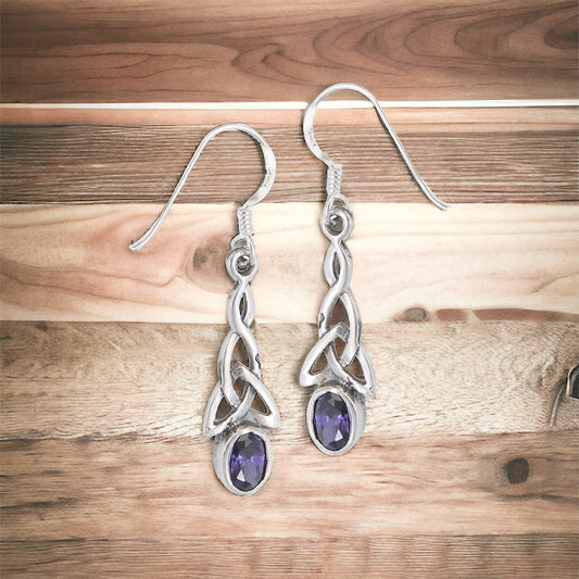 Silver Celtic Dangle Earrings w/ Amethyst CZ
