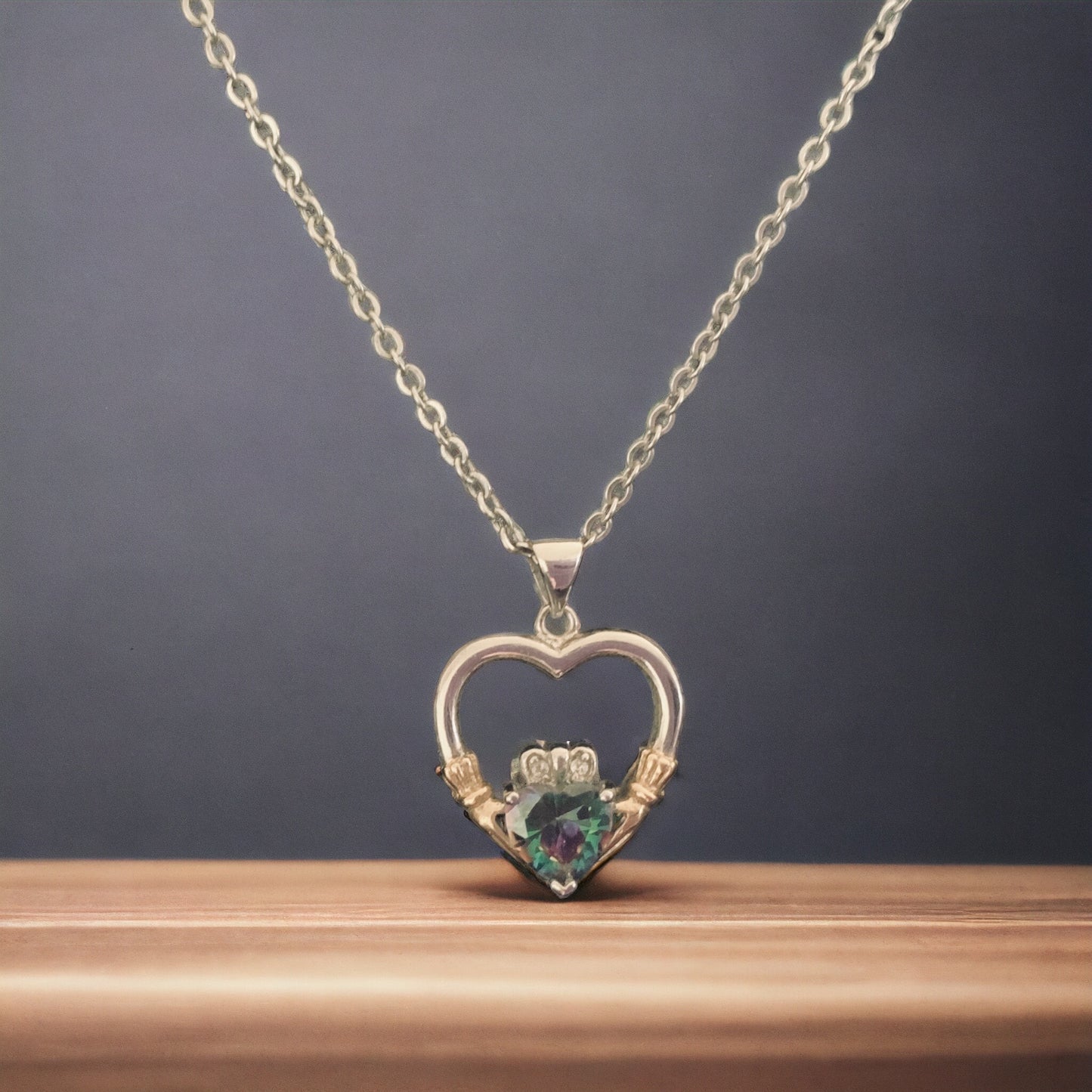 Sterling Silver Irish Claddagh Pendant w/ Rainbow Topaz CZ Heart + Free Chain