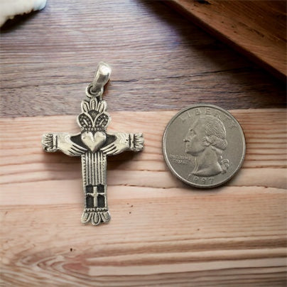Large Handcast 925 Sterling Silver Irish Claddagh Cross Pendant + Free Chain