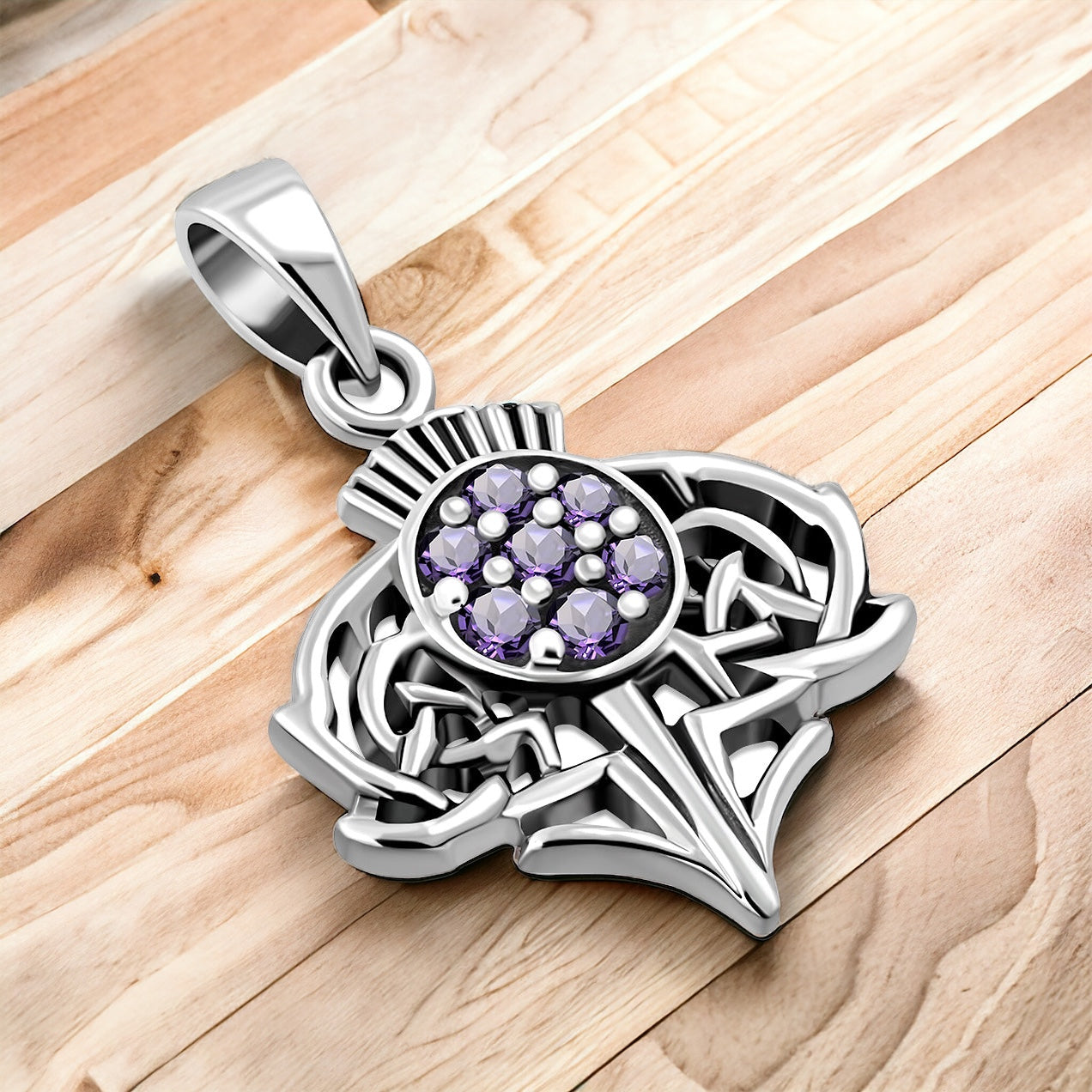 925 Sterling Silver Scottish Thistle Flower Amethyst CZ Pendant + Free Chain