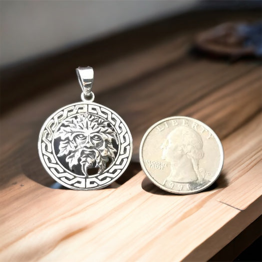 Handcast 925 Sterling Silver Celtic Green Man Pendant with Celtic Knot Designs + Free Chain
