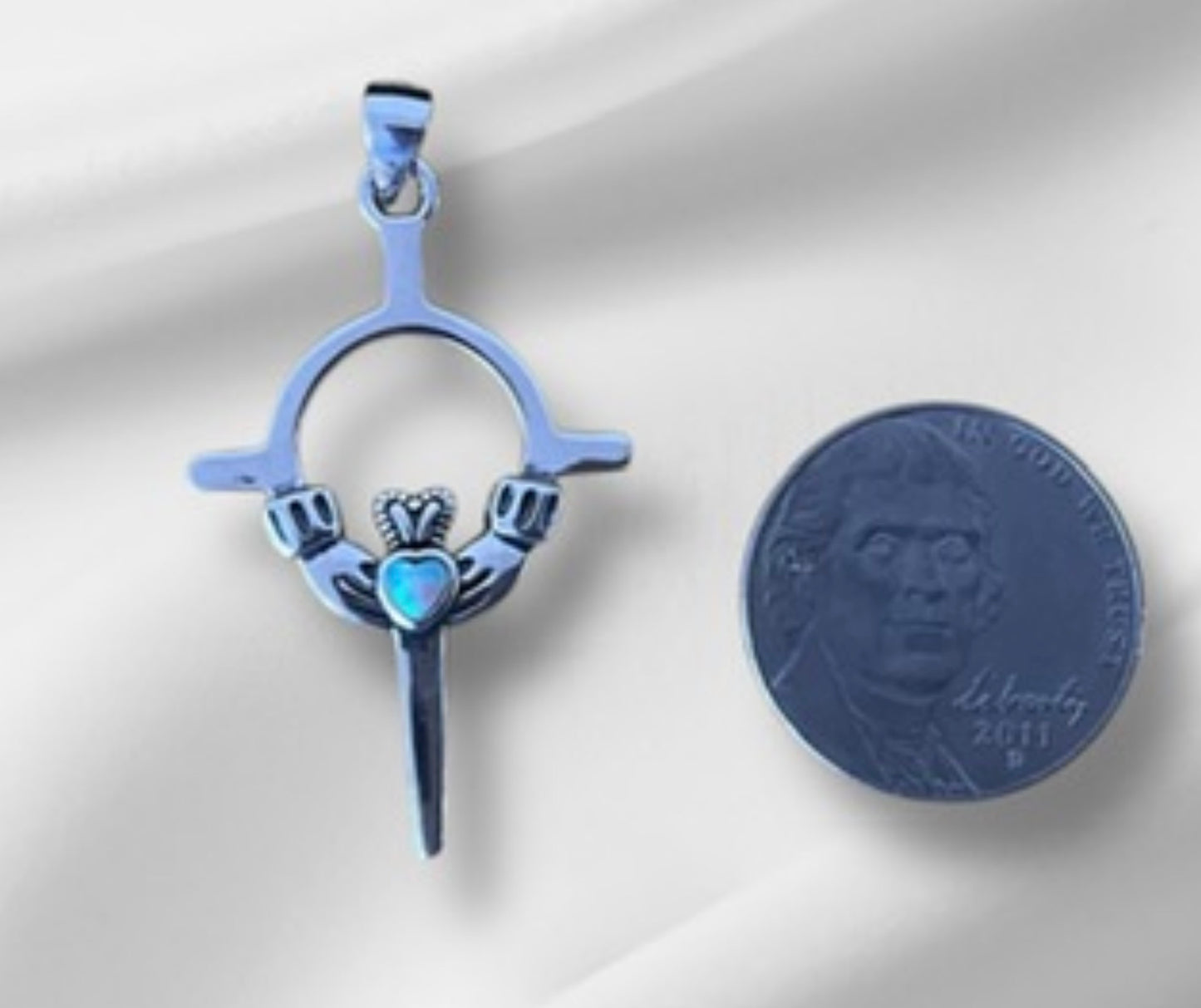 925 Sterling Silver Irish Celtic Claddagh Claddaugh Cross Pendant Turquoise Necklace Free Chain