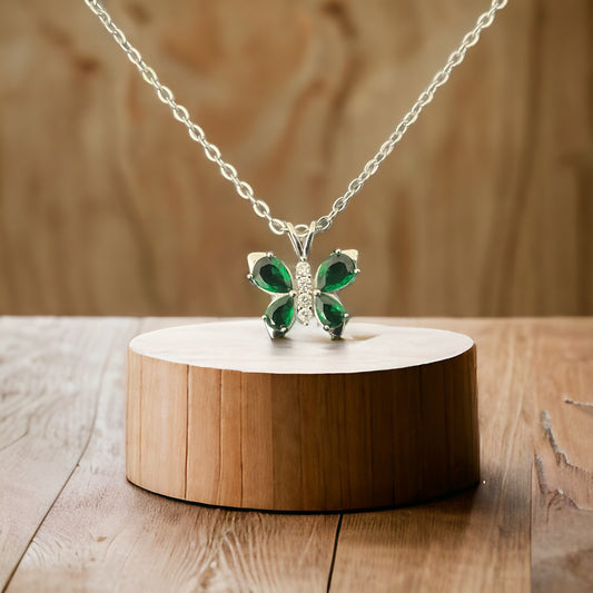 925 Sterling Silver Butterfly Pendant Necklace w/ Green CZ + Free Chain