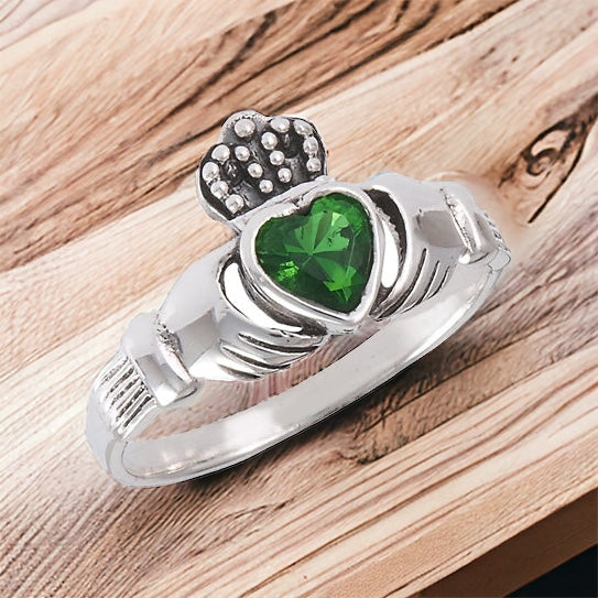 Sterling Silver Irish Claddagh Ring w/ Emerald Green CZ