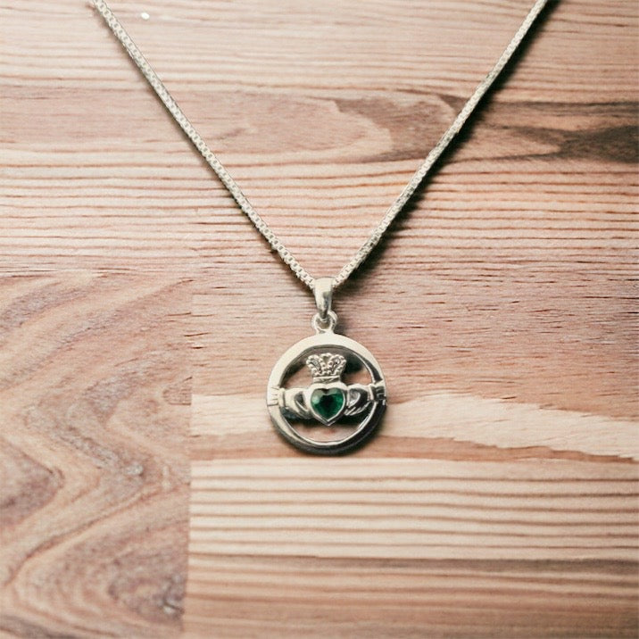 925 Sterling Silver Irish Celtic Claddagh Emerald Green CZ Pendant Necklace
