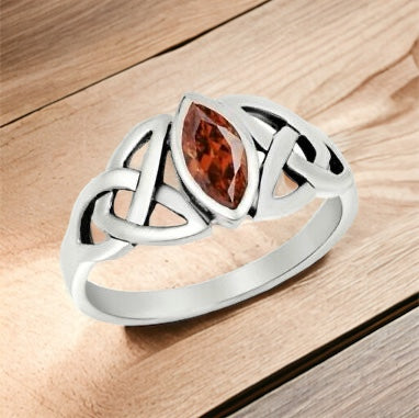 Silver Celtic Trinity / Triquetra Knot Ring Garnet CZ