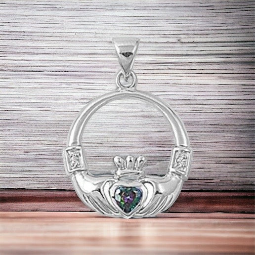 925 Sterling Silver Irish Celtic Claddagh Claddaugh Pendant Rainbow Topaz CZ Necklace Free Chain