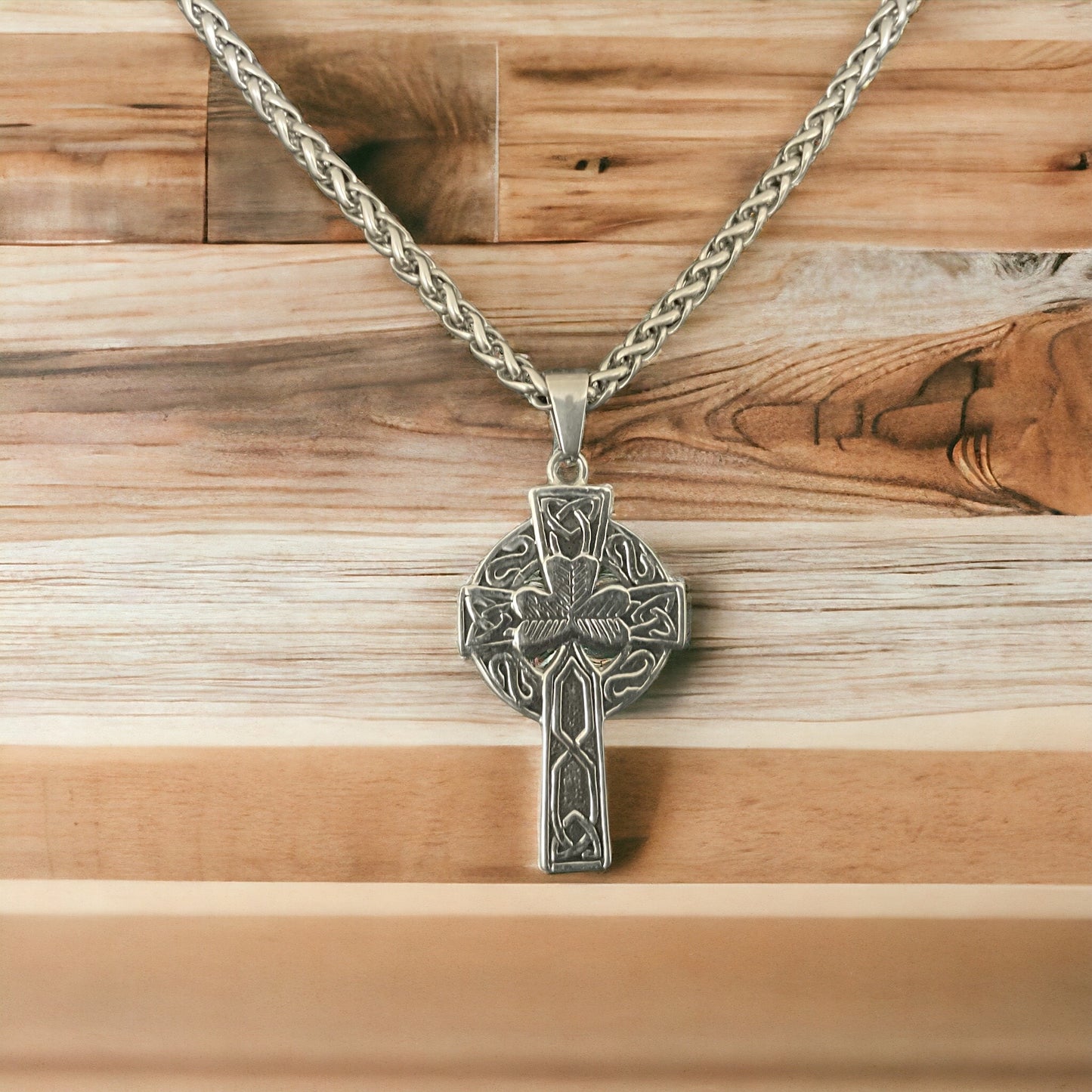 Large 316L Surgical Stainless Steel Irish Celtic Shamrock Cross Pendant + Free Chain Necklace
