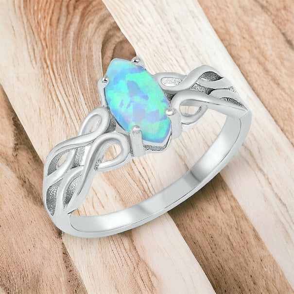 Silver Celtic Knot Ring Light Blue Opal Size 5-10
