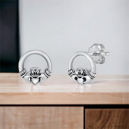 Silver Irish Celtic Claddagh Stud Post Earrings