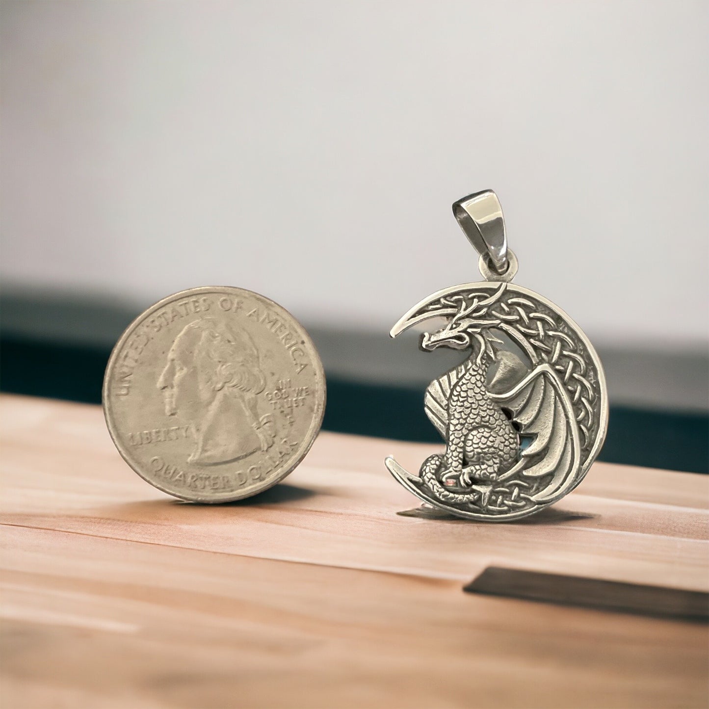 Large 925 Sterling Silver Medieval Dragon on Celtic Crescent Moon Pendant + Free Chain