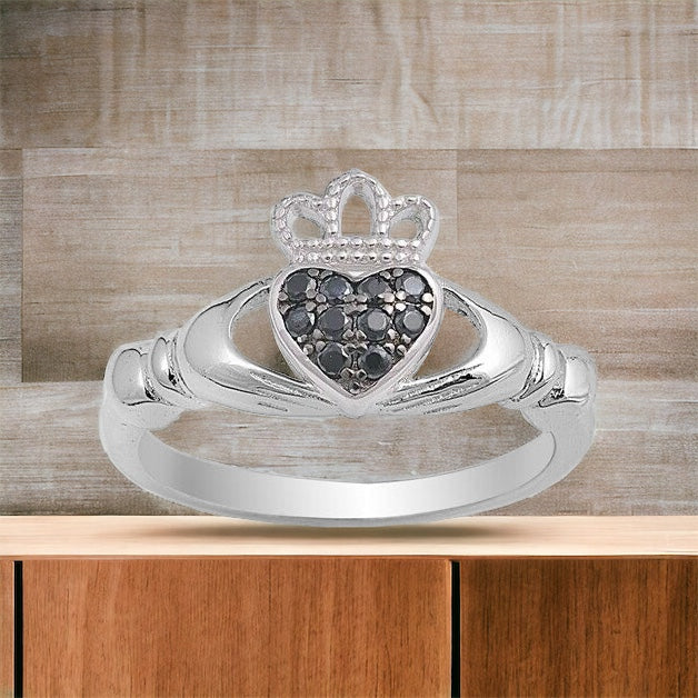 Sterling Silver Irish Claddagh Ring w/ Black CZ Size 4-10