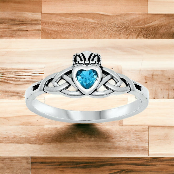 Sterling Silver Irish Claddagh Ring w/ Blue Topaz CZ Size 3-10