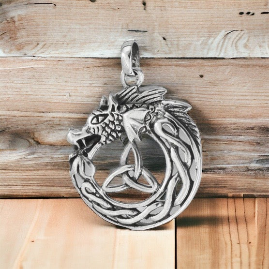 Silver Celtic Triquetra / Trinity Knot Dragon Warrior Pendant + Free Chain
