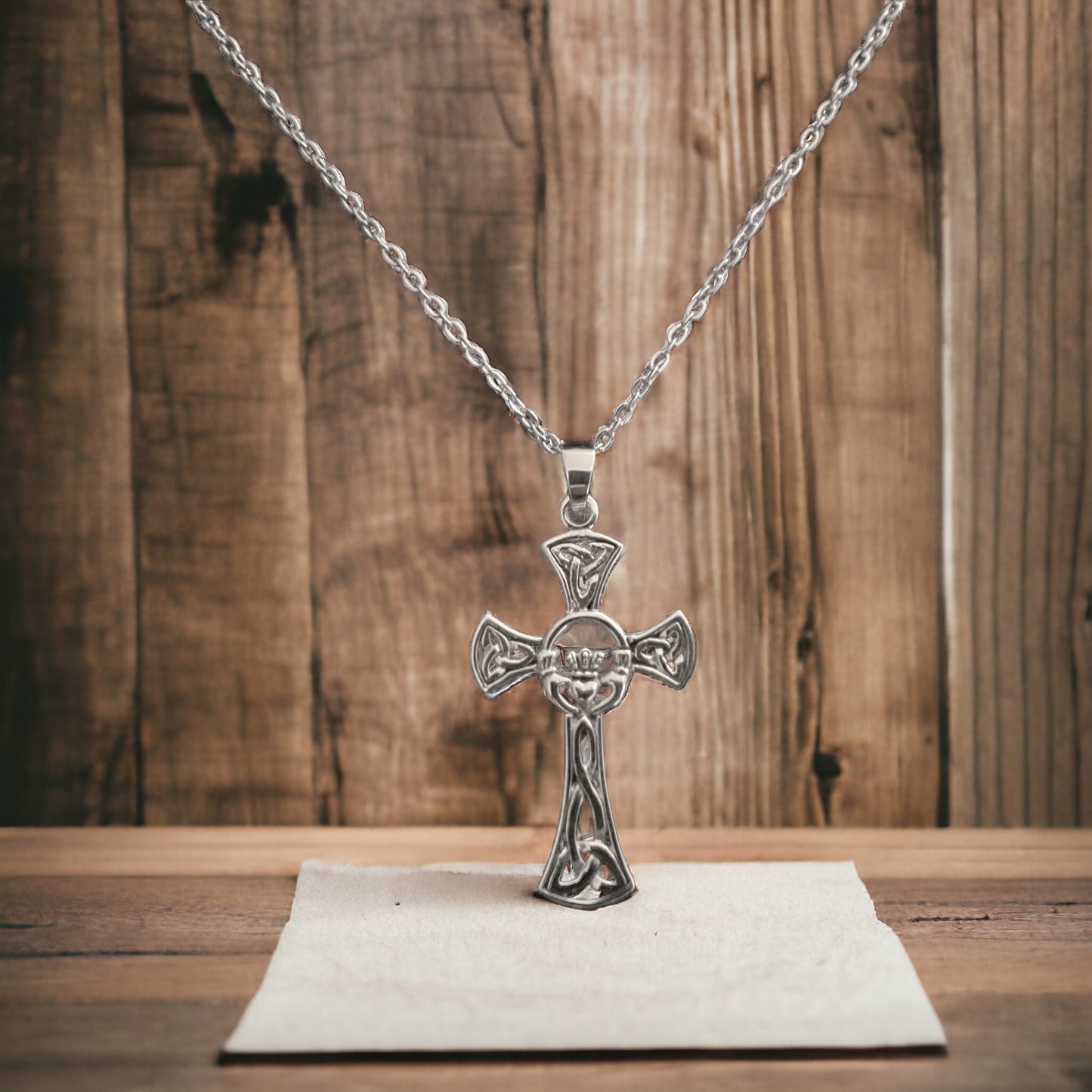 Large 925 Sterling Silver Unisex Irish Celtic Claddagh Claddaugh Cross Pendant Necklace Free Chain