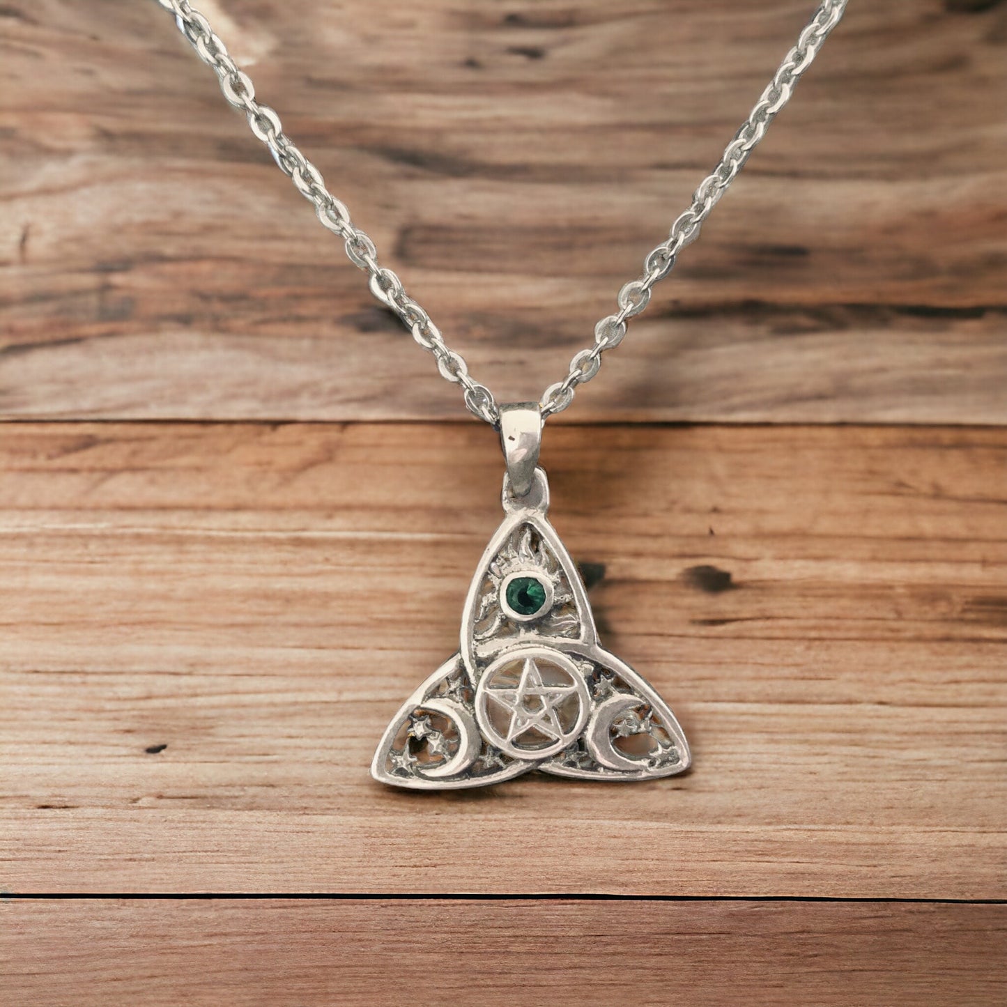 925 Sterling Silver Irish Celtic Triquetra Trinity Knot Moon Star Pentacle Pendant + Free Chain Necklace