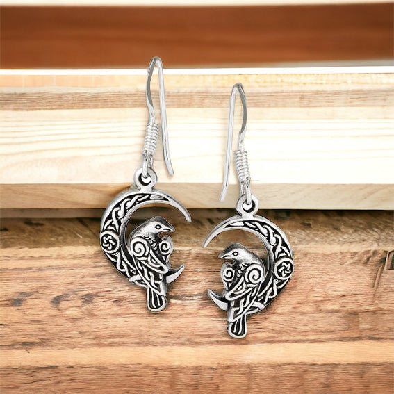 925 Sterling Silver Celtic Crescent Moon Raven Dangle Earrings