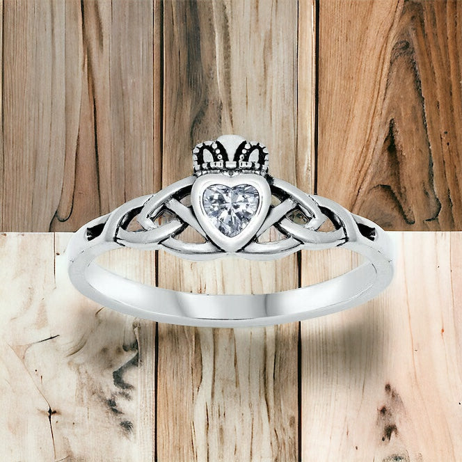 Sterling Silver Irish Claddagh Ring w/ Clear CZ Size 2-10