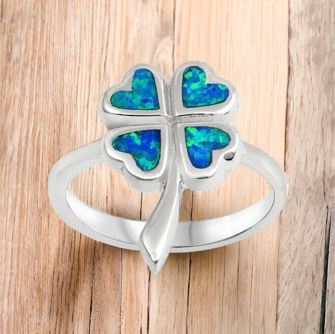 925 Sterling Silver Four Leaf Clover Lab Blue Opal Ring Band Size 6-10