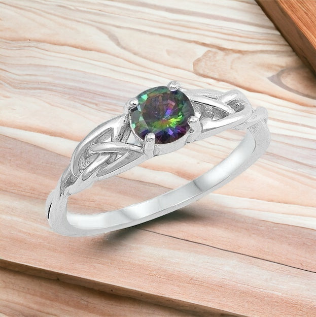Silver Celtic Knot Ring Rainbow Topaz CZ Size 4-10