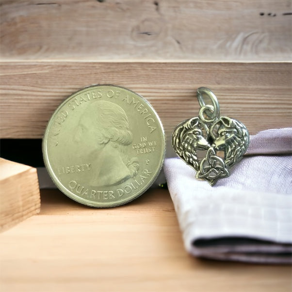 Handcast 925 Sterling Silver Celtic Wolf Heart Pendant accented w/ Celtic Trinity Triquetra Knot + Free Chain Necklace