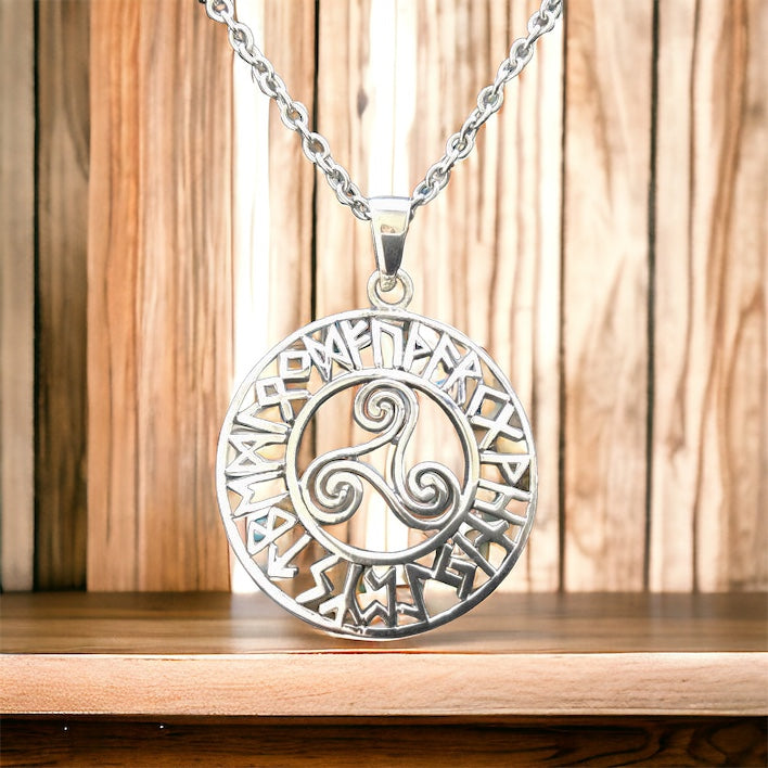 Handcast 925 Sterling Silver Celtic Viking Triskele Triple Spiral Triskelion Pendant Necklace 24 Runes + Free Chain