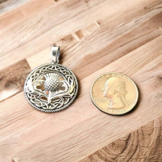 Large Handcast 925 Sterling Silver Scottish Thistle Flower Pendant + Free Chain