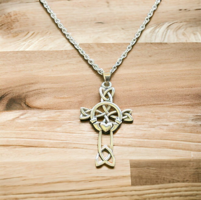 Handcast Large 925 Sterling Silver Unisex Irish Celtic Claddagh Claddaugh Cross Pendant Necklace Free Chain
