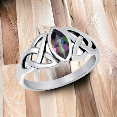 Silver Celtic Trinity / Triquetra Knot Ring Rainbow Topaz CZ Size 5-10
