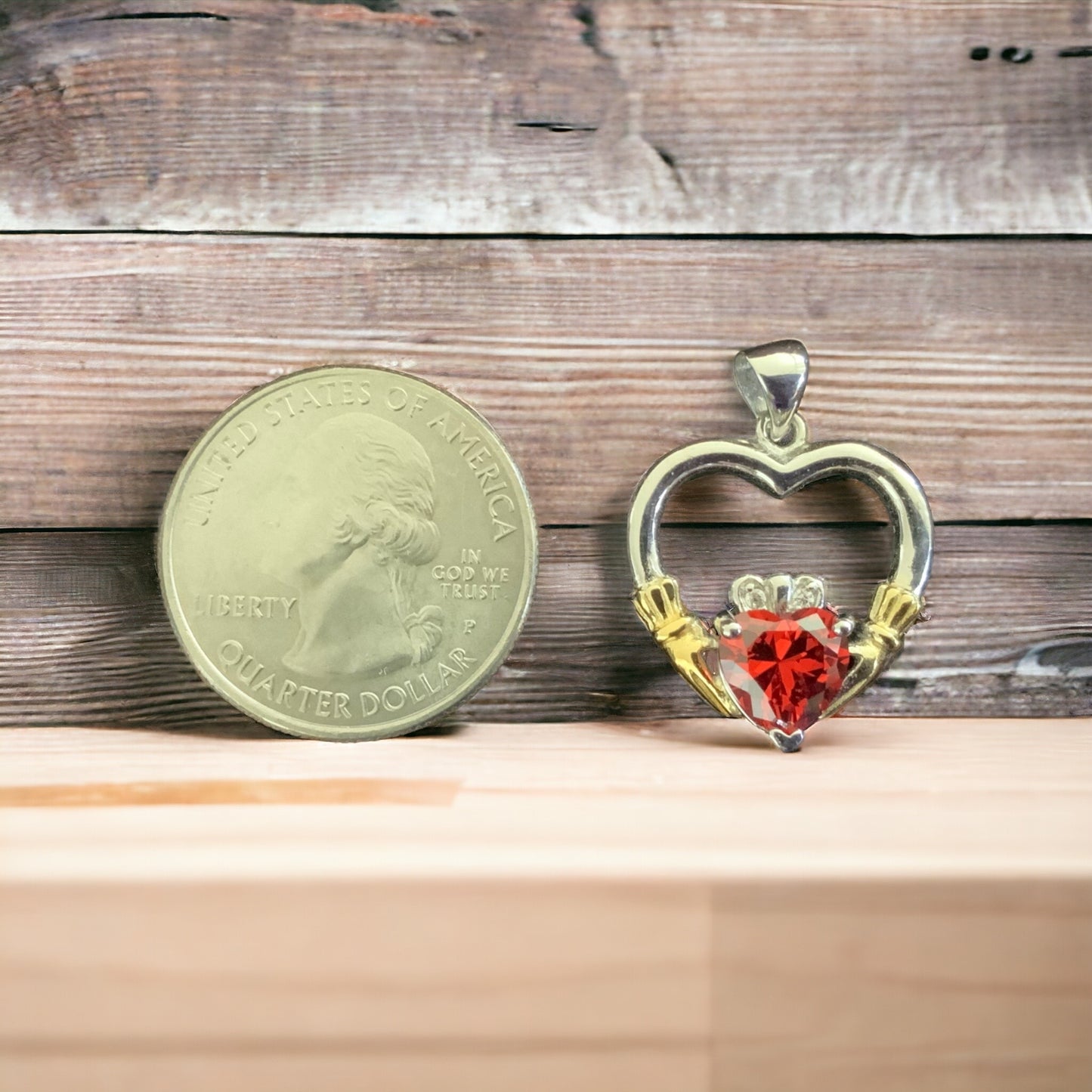 Sterling Silver Irish Claddagh Heart Pendant w/ Garnet CZ Heart + Free Chain