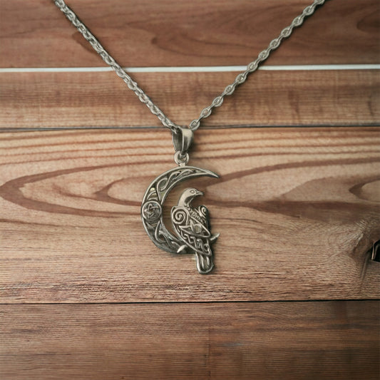925 Sterling Silver Celtic Raven on Crescent Moon Pendant Necklace + Free Chain