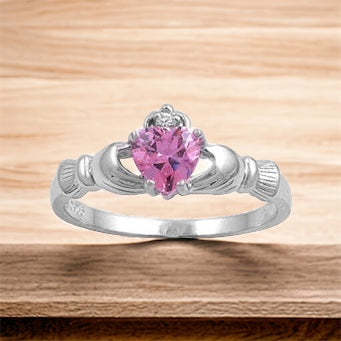 Sterling Silver Irish Claddagh Ring w/ Pink CZ