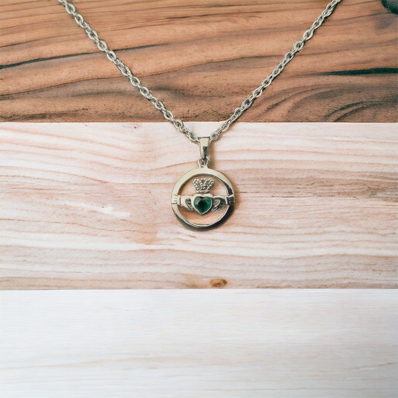 925 Sterling Silver Irish Celtic Claddagh Emerald Green CZ Pendant Necklace