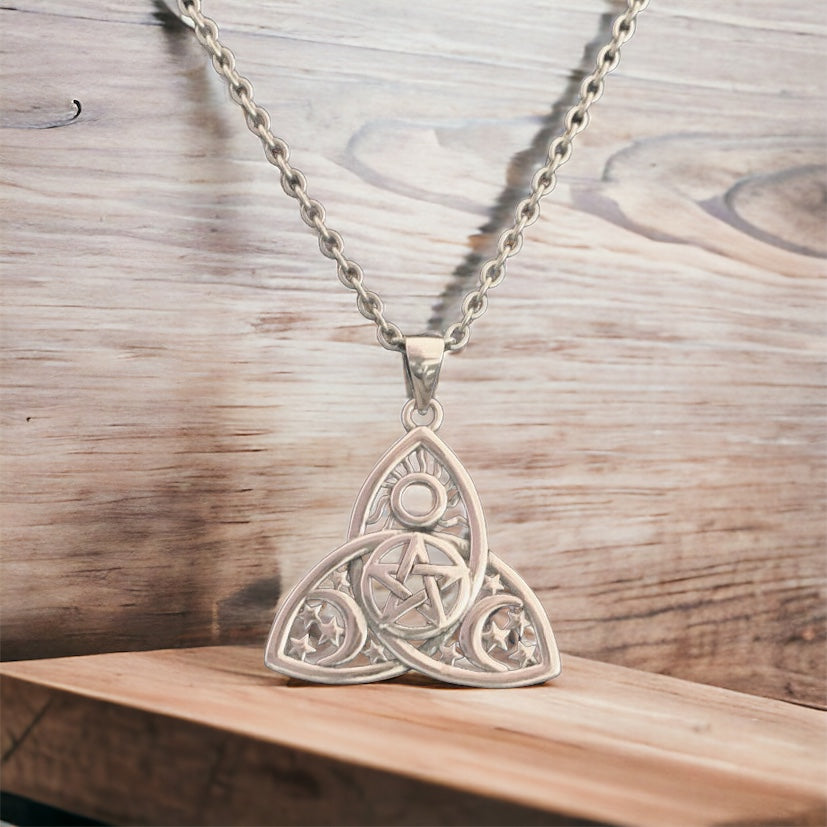 Handcast 925 Sterling Silver Irish Celtic Triquetra Trinity Knot Moon Star Pentacle Pendant + Free Chain Necklace