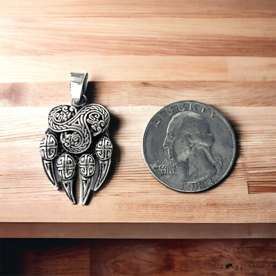 Handcast 925 Sterling Silver Celtic Viking Wolf Claw Paw Pendant with Celtic Knot Designs + Free Chain Necklace