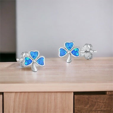 Sterling Silver Irish Lucky Shamrock Blue Opal Stud Post Earrings