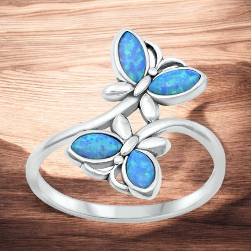 925 Sterling Silver Double Butterfly Opal Ring Size 5-10