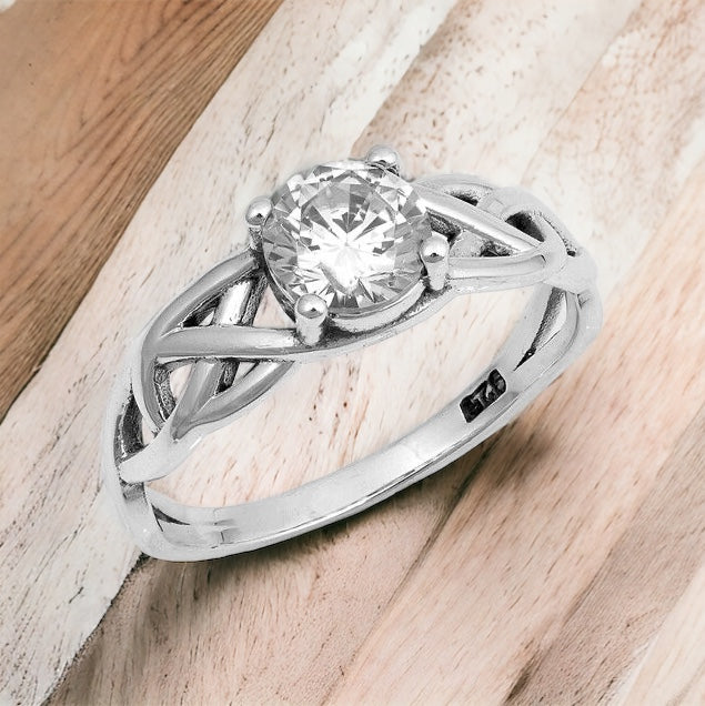 Silver Celtic Knot Ring Clear CZ Size 4-10