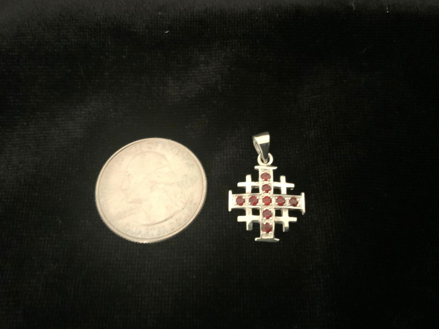 925 Sterling Silver Jerusalem / Crusader Cross w/ Garnet CZ Pendant Necklace + Free Chain