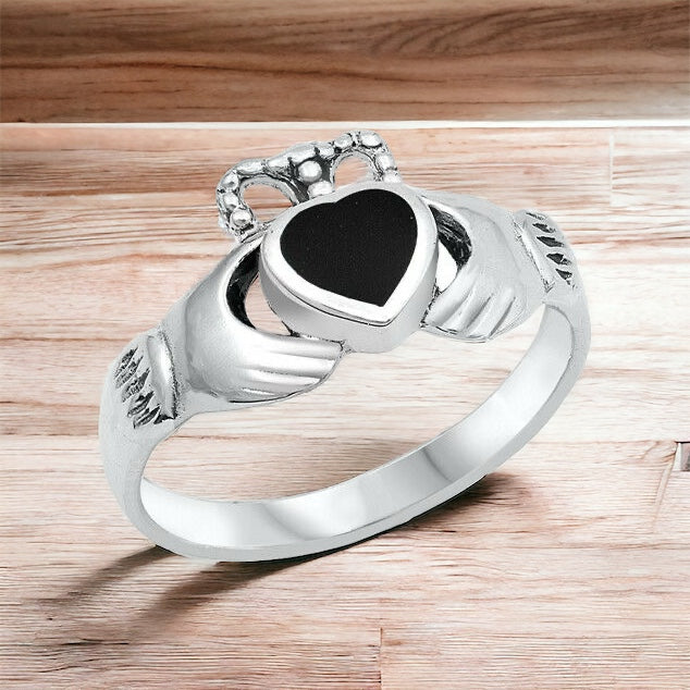 Sterling Silver Irish Claddagh Ring w/ Black Lab Onyx Heart Size 5-12
