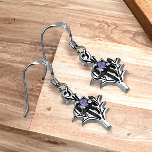 Small Silver Scottish Thistle Dangle Earrings Amethyst CZ