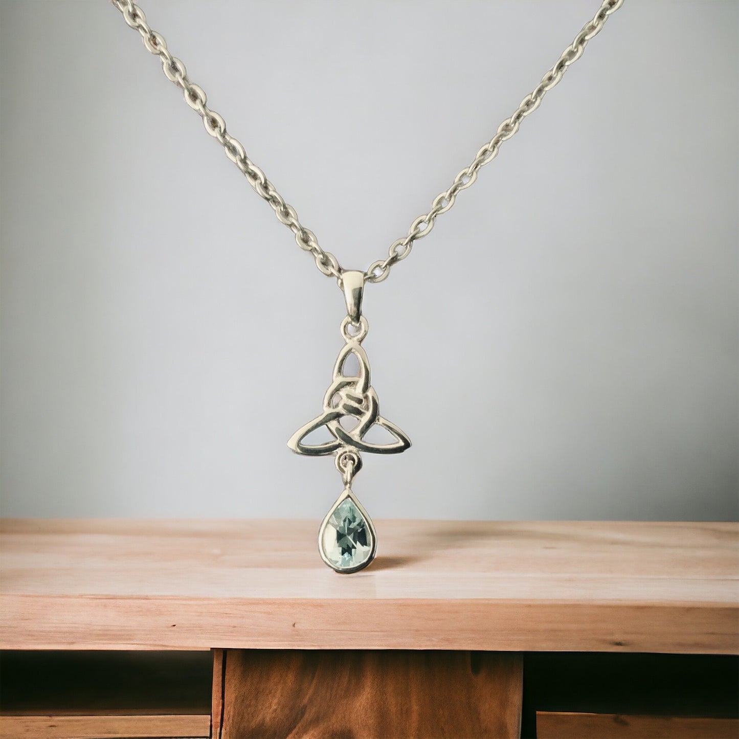 925 Sterling Silver Celtic Trinity Knot with Blue Topaz Pendant + Chain