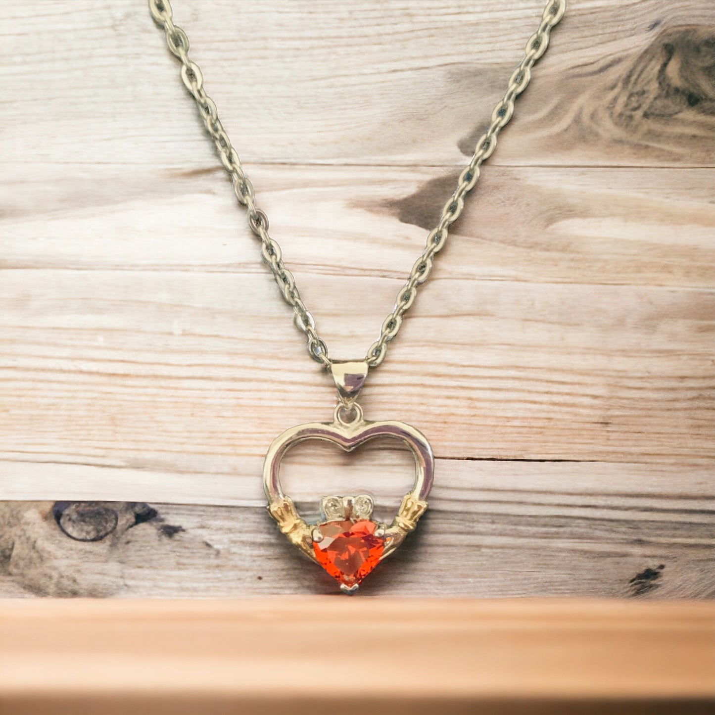 Sterling Silver Irish Claddagh Heart Pendant w/ Garnet CZ Heart + Free Chain