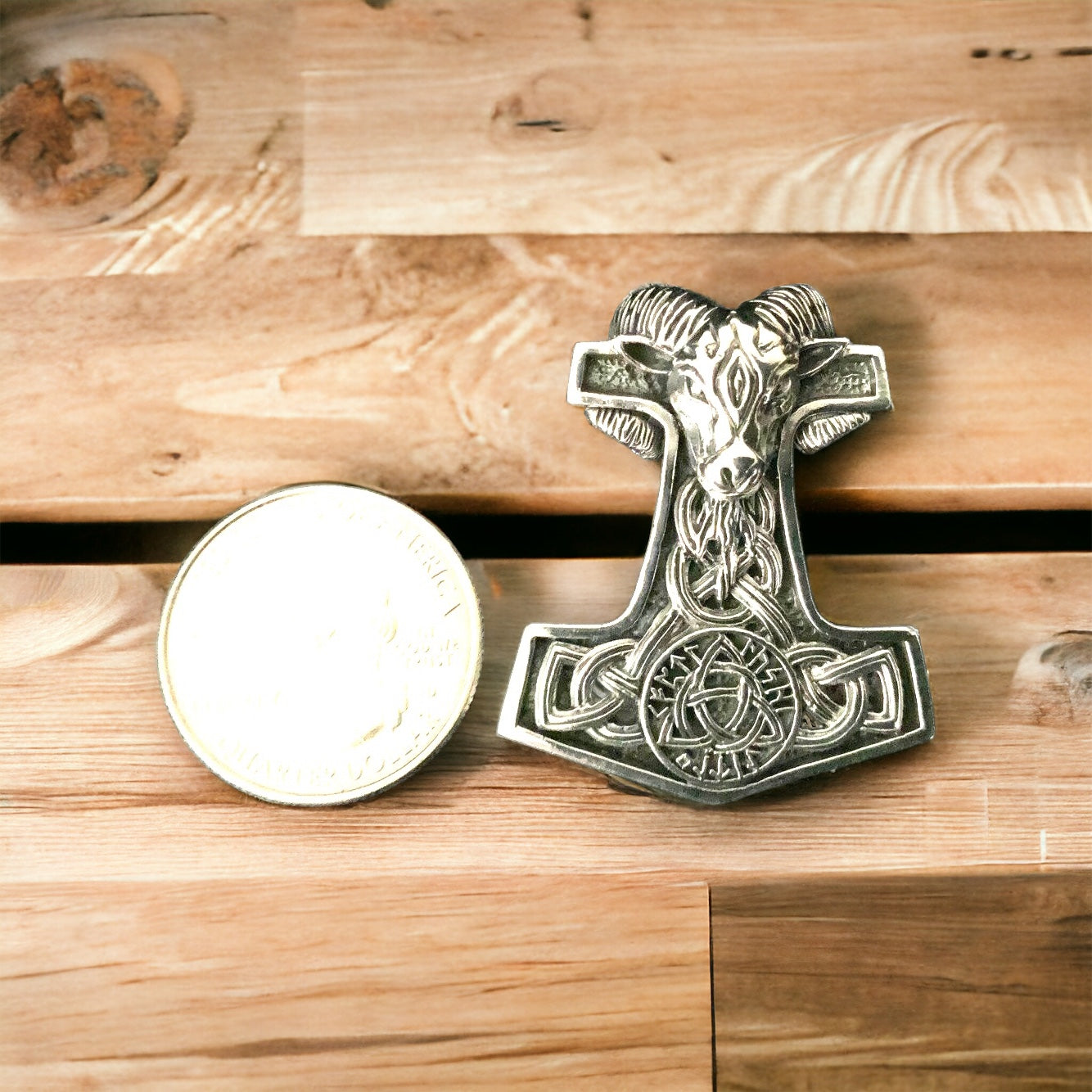 Large Handcast 925 Sterling Silver Norse Viking Ram Ram's Head Thor's Thors Hammer Mjolnir Pendant + Free Chain