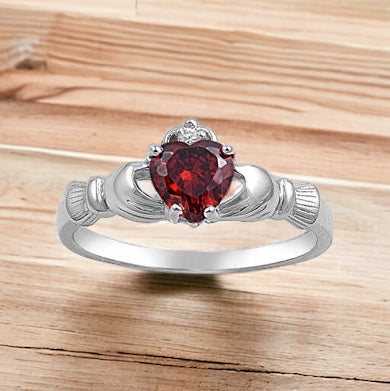 Sterling Silver Irish Claddagh Ring w/ Garnet CZ