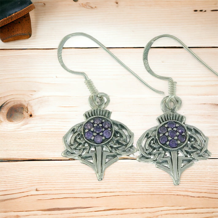 Silver Scottish Thistle Dangle Earrings Amethyst CZ