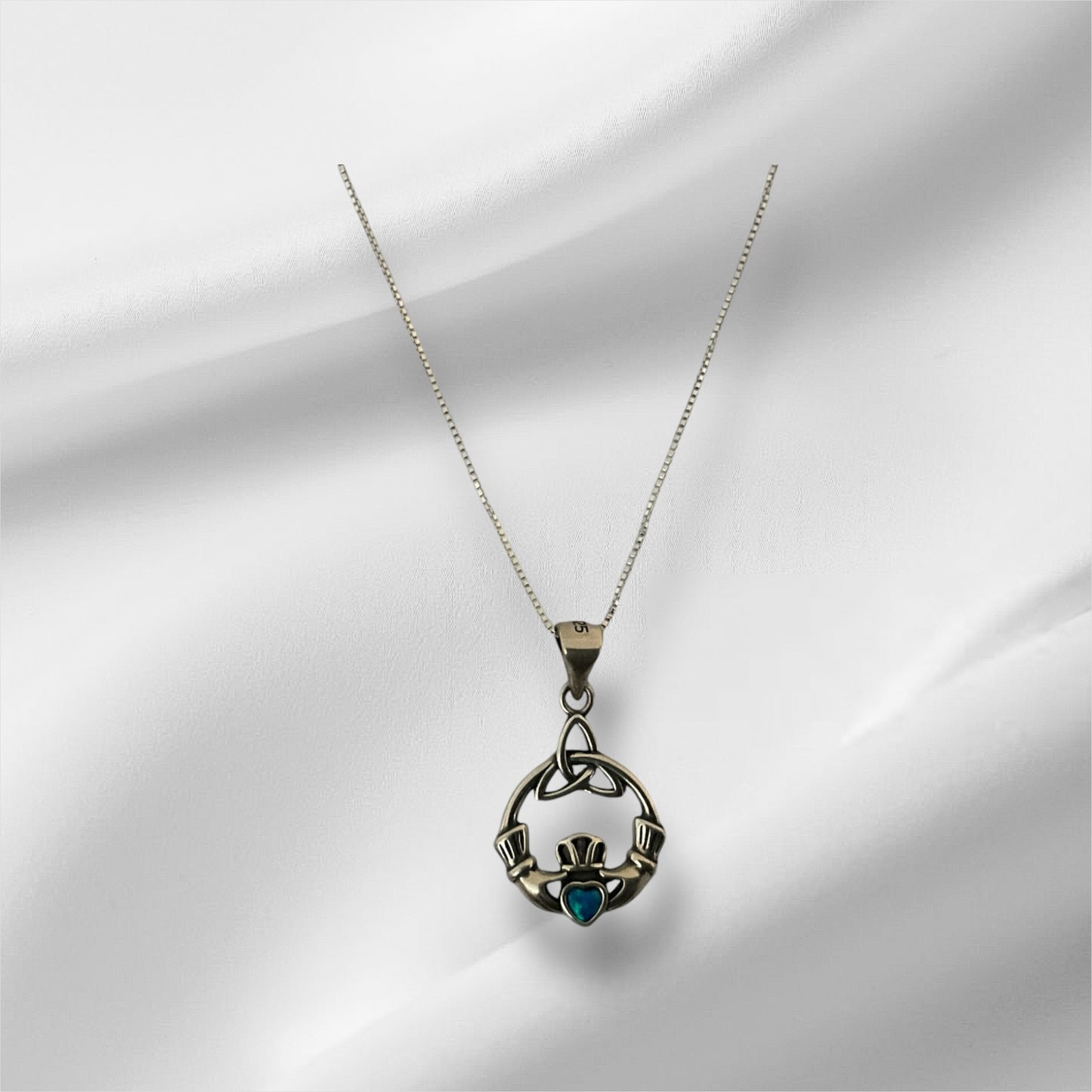 925 Sterling Silver Irish Celtic Claddagh Blue Opal Pendant Necklace
